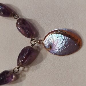 Genuine Amethyst Beaded Necklace With Purple And Gold Gilded Shell Pendant